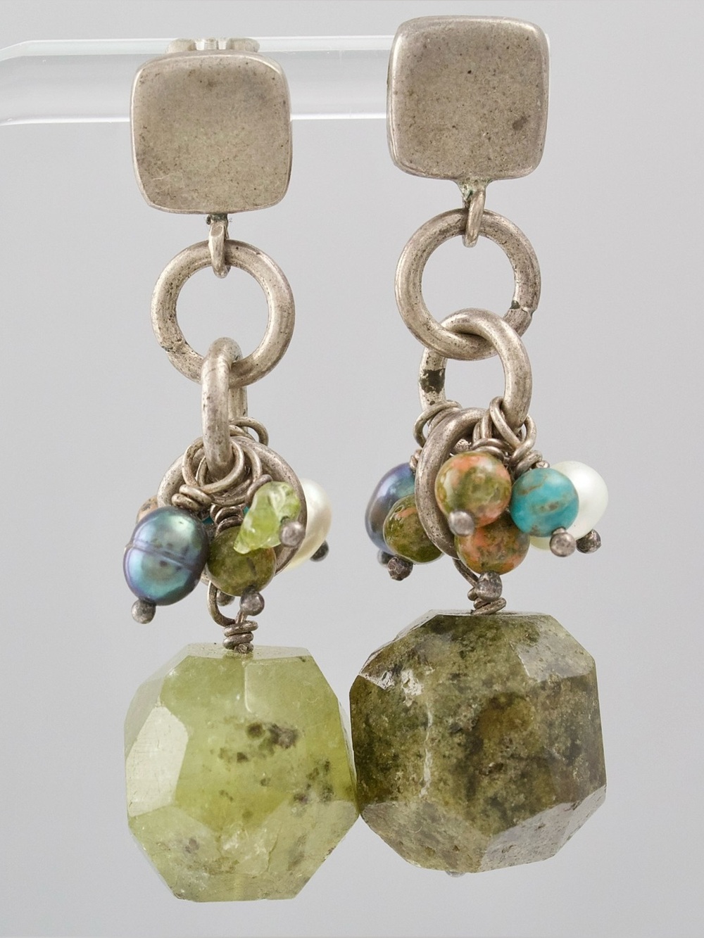 Vintage Sterling Silver Nephrite Jade Dangle Earrings Pearl Gemstone Cluster